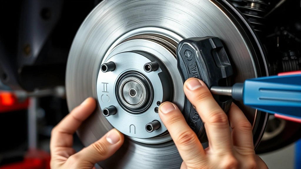 Close-up of brake pad replacement process showing hands installing new ceramic brake pads on a vehicle rotor, professional tools visible, metal brake components clearly visible, automotive workshop setting