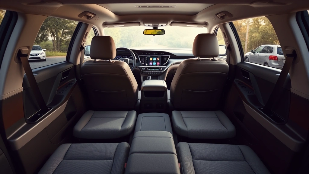 Toyota Highlander three-row SUV interior panoramic view showing all seating rows comfortable upholstery modern dashboard technology bright cabin ambiance