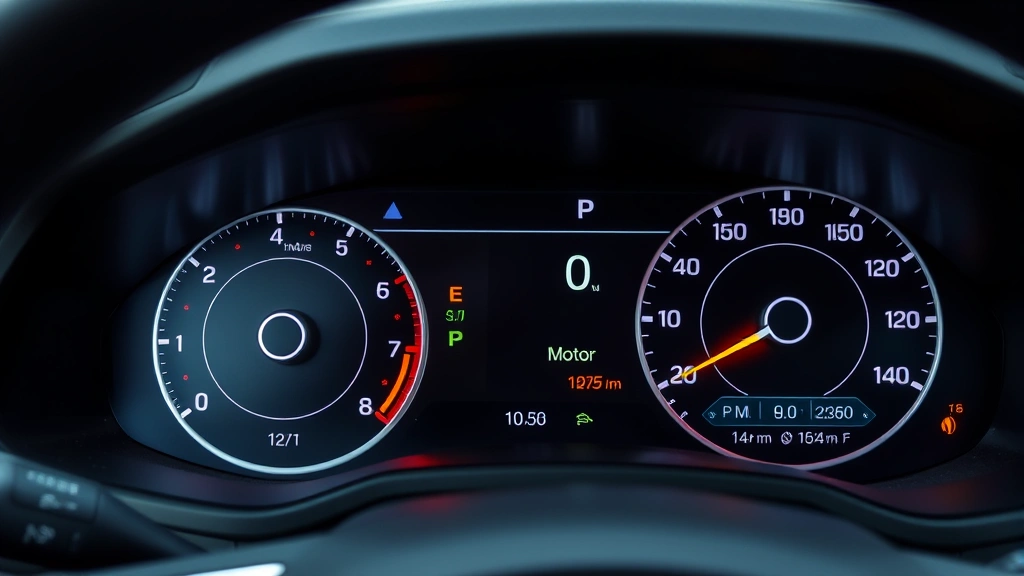 Close-up of hybrid vehicle dashboard during acceleration, showing electric motor engagement indicator and fuel gauge, modern interior with digital displays