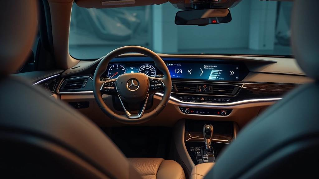 Modern luxury sedan interior dashboard with leather steering wheel, illuminated touchscreen infotainment, ambient lighting, premium materials, professional detail photography, studio lighting