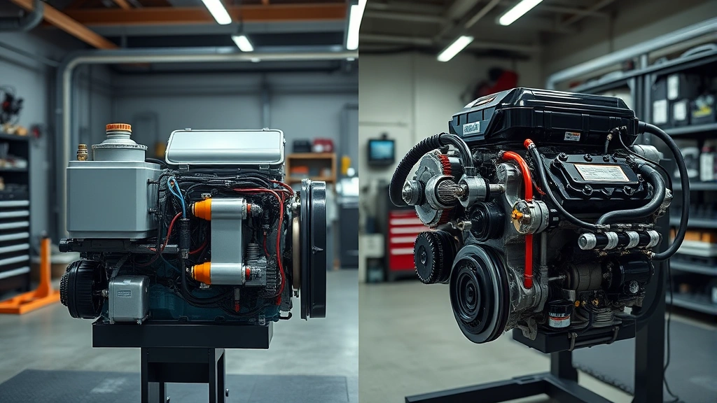 Split-screen comparison showing hybrid battery system components and traditional gasoline engine side-by-side, automotive workshop setting with professional lighting