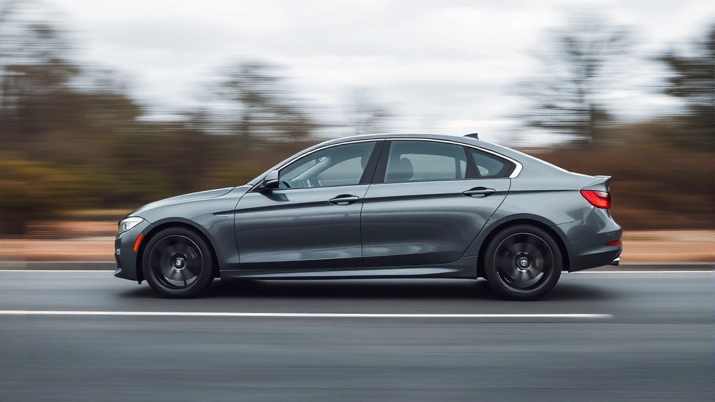 Mid-size sport sedan dynamic driving shot, road context, motion blur background, professional automotive photography, enthusiast appeal composition