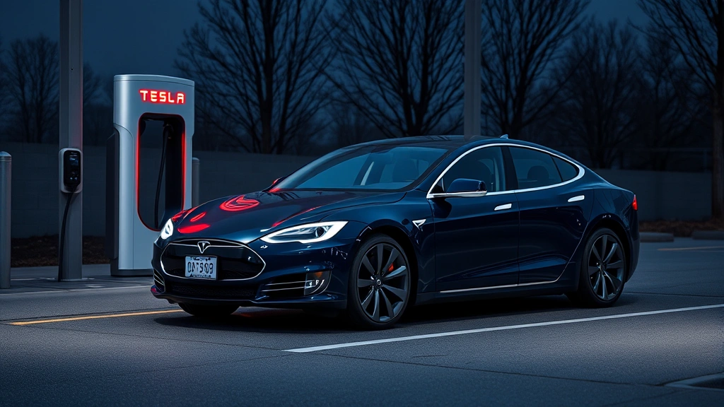 Tesla Model S Plaid electric vehicle in midnight blue charging at Supercharger station, modern minimalist architecture, clean composition, professional automotive detail shot