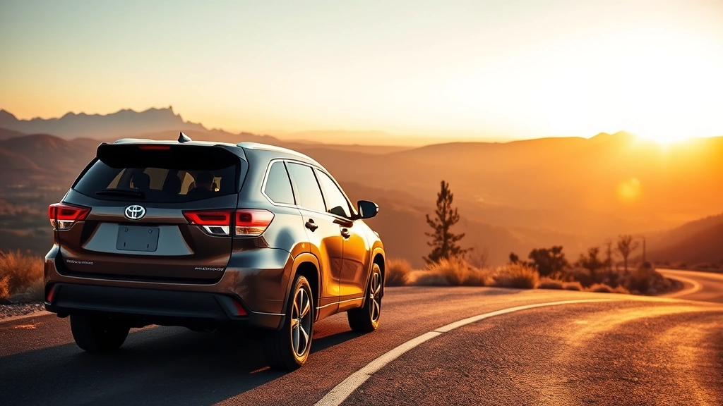 Toyota Highlander three-row crossover parked at scenic overlook with family of six visible through windows, mountains in distance, golden hour lighting, action shot of SUV on winding road