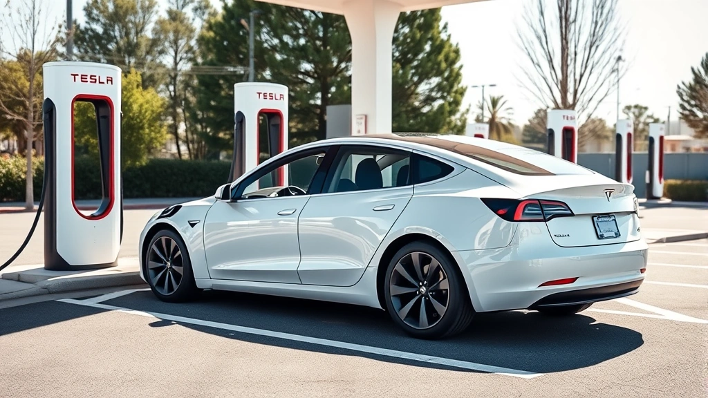 Tesla Model 3 Performance white sedan charging at Supercharger station, modern minimalist design, futuristic automotive technology, bright daylight conditions