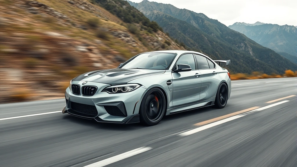 Performance sedan with aggressive stance and sporty wheels, captured during dynamic driving on mountain road with blurred background, showcasing athletic body lines and turbocharged engine hood detail