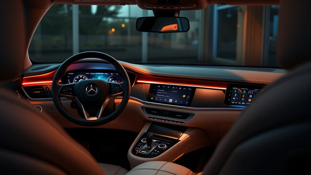 Interior detail photograph of luxury sedan dashboard featuring premium leather, ambient lighting, and modern touchscreen infotainment system with minimalist design aesthetic, warm interior lighting emphasizing material quality and technological integration