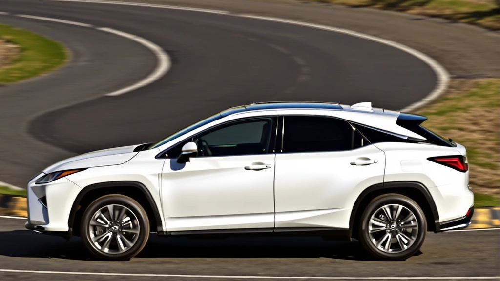 Lexus RX 500h F Sport luxury hybrid crossover, pearl white paint, dynamic side profile, curved road background, premium styling emphasis, bright daylight conditions, high-end automotive photography