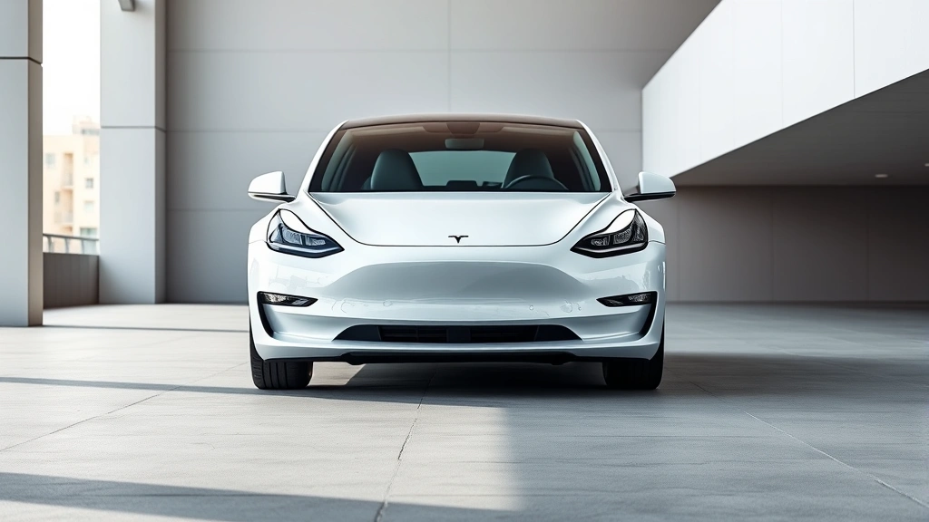 Tesla Model 3 in white, front three-quarter view in modern urban setting with minimalist architecture background, contemporary electric vehicle design, clean professional photography
