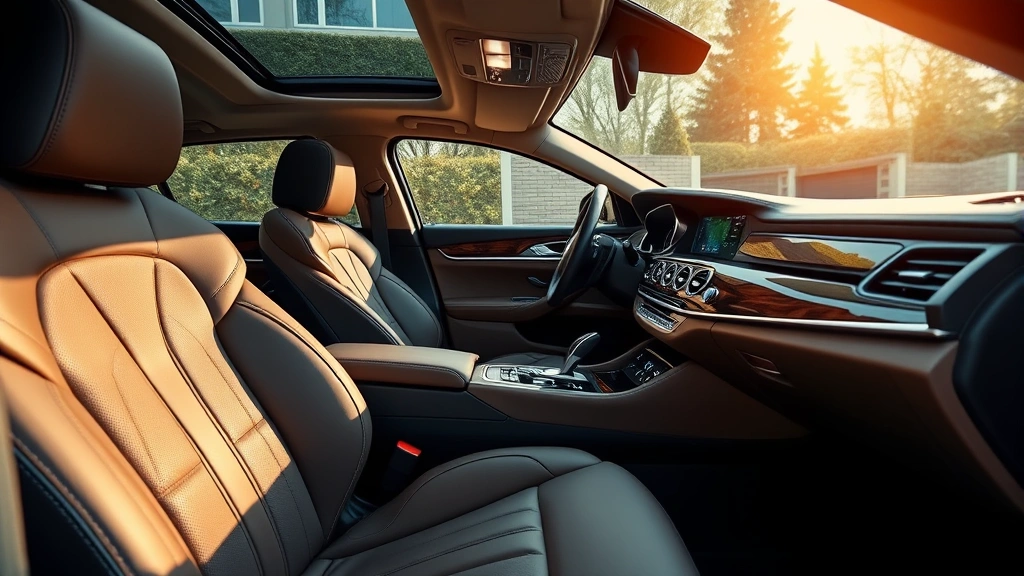 Luxury sedan interior detail shot showing premium leather seating, wood trim accents, and modern infotainment display, warm professional lighting highlighting craftsmanship and quality materials