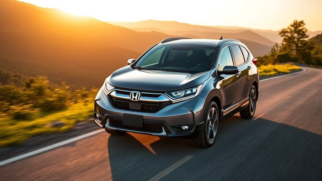 Honda CR-V Hybrid in Sonic Gray Pearl photographed from three-quarter front angle on mountain overlook road, lush green landscape, golden hour lighting, dynamic composition