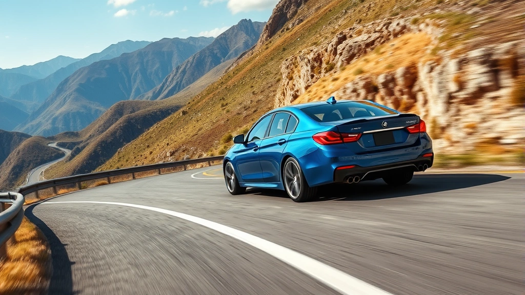 Blue sedan on winding mountain road with scenic landscape background, dynamic driving perspective, curves and elevation changes, clear weather conditions, professional automotive shoot