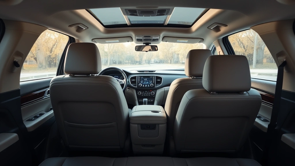Family SUV interior showing spacious three-row seating, modern dashboard technology, comfortable cabin design, professional product photography, contemporary automotive interior styling
