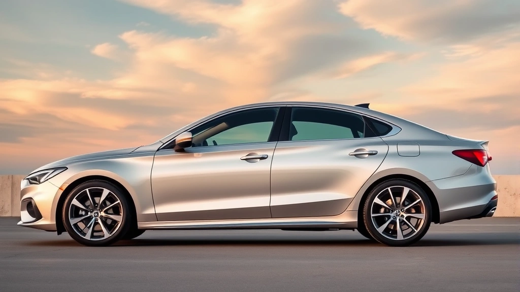 Sleek sedan exterior side profile showcasing aerodynamic body lines, alloy wheels, and contemporary styling against dramatic sky