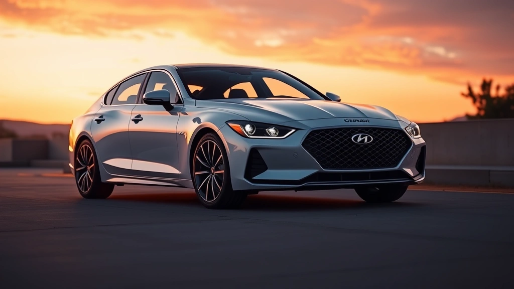 Genesis G70 premium compact luxury sedan in pearl white, captured at sunset with ambient lighting highlighting sophisticated curves and contemporary design language