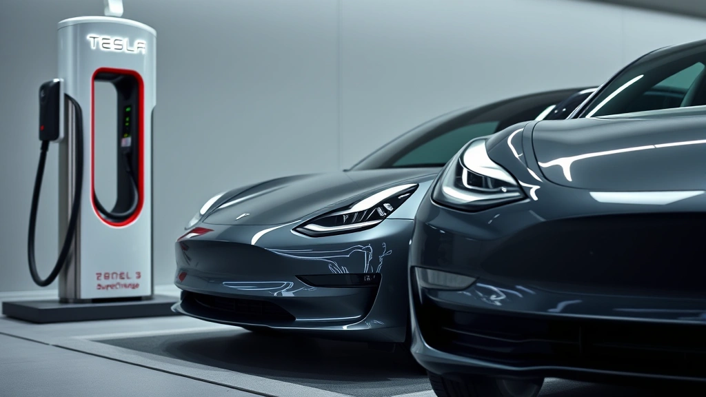 2024 Tesla Model 3 electric sedan charging at Supercharger station, modern minimalist design, close-up of charging port and vehicle front, clean contemporary setting, professional automotive imagery