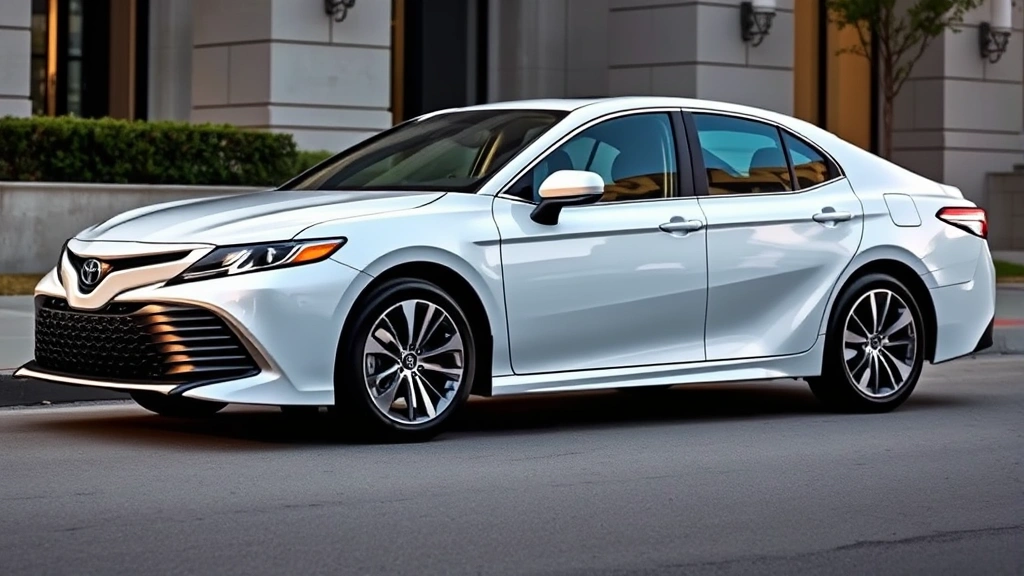 2024 Toyota Camry hybrid sedan in elegant white, side profile view showcasing sleek proportions, modern wheel design, premium interior visible through windows, parked in upscale setting