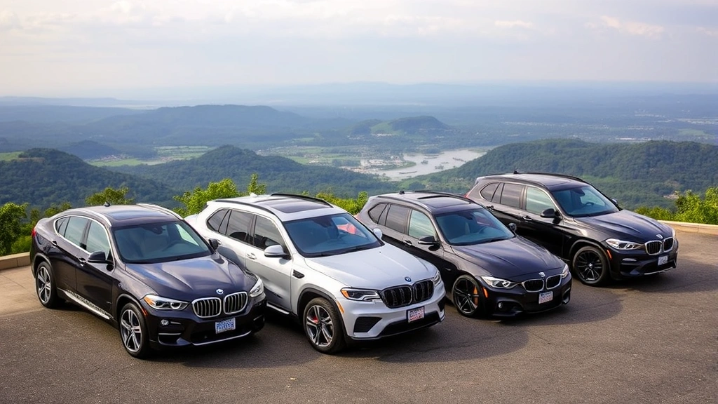Diverse vehicle collection parked on scenic overlook featuring sedan, SUV, truck, and performance car representing different automotive categories and styles