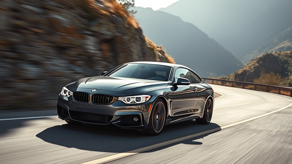 BMW M440i sports sedan on winding mountain road, dynamic driving angle, sharp handling posture, professional automotive lighting, action-oriented composition