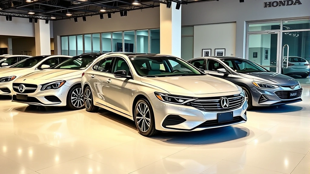 Multiple 2024 sedans arranged in showroom setting, Mercedes-Benz C-Class, Honda Accord, Hyundai Sonata displayed together, premium lighting highlighting design details and refinement