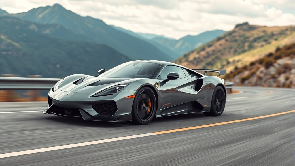 Performance sports car on winding mountain road, dynamic driving position, blurred background suggesting motion, professional automotive photography style, daytime conditions