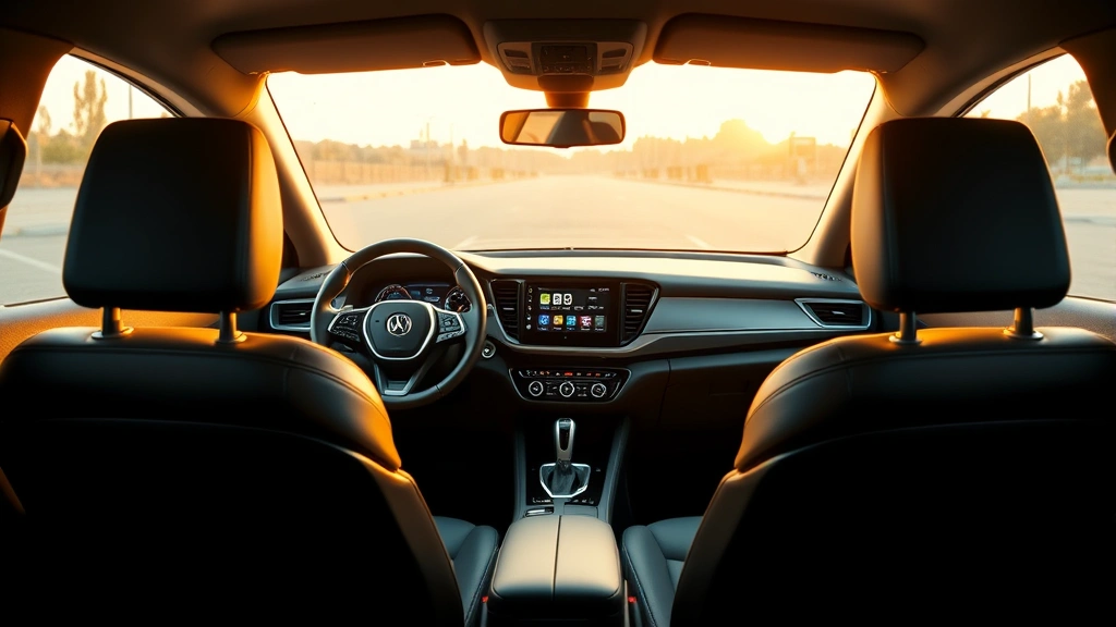 Interior cabin view of premium 2024 sedan featuring leather seats, digital dashboard, and modern steering wheel in warm ambient lighting without visible text or displays
