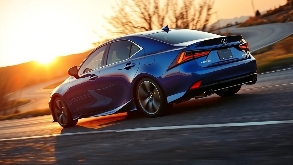 Lexus IS 500 V8 sedan in metallic blue, captured during golden hour driving shot showing side profile, performance stance, and dynamic movement on winding road