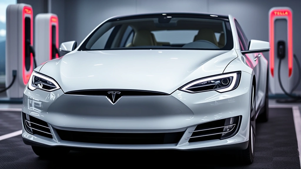 Tesla Model S Plaid electric sedan in pearl white multi-coat, front three-quarter view showcasing futuristic design elements, modern charging station environment, contemporary automotive imagery