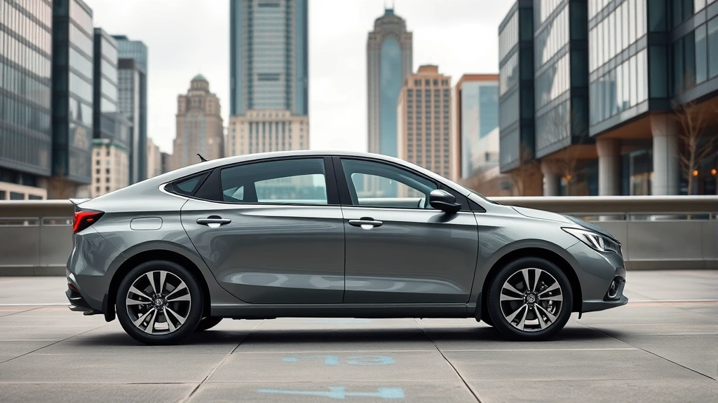 2024 compact sedan parked in urban setting showcasing modern design and sleek proportions, contemporary cityscape background