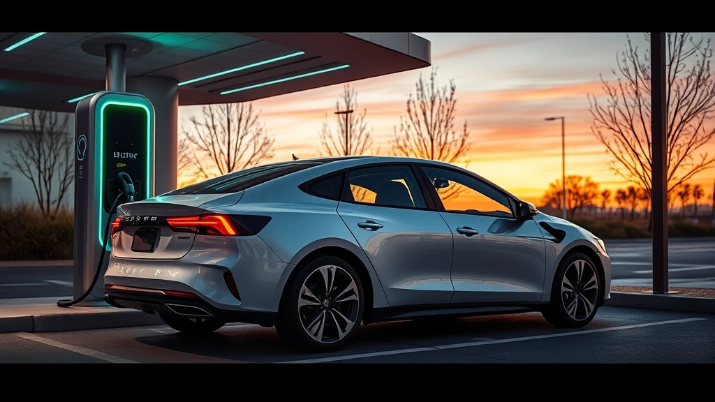Electric sedan charging at modern charging station with futuristic design elements, sunset lighting, emphasizing sustainability and technology integration