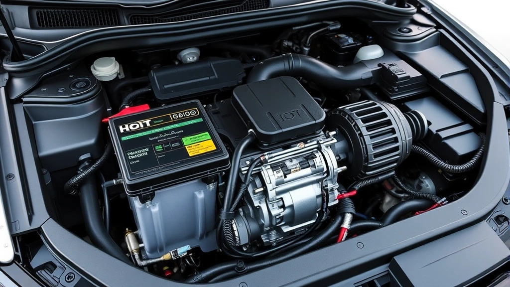 Detailed view of hybrid battery pack and electric motor assembly mounted in vehicle engine compartment, showing advanced battery technology and power distribution infrastructure