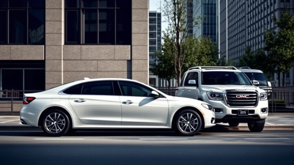 Sedan and SUV parked side-by-side in urban environment, contrasting silhouettes showing height and size differences, professional angle