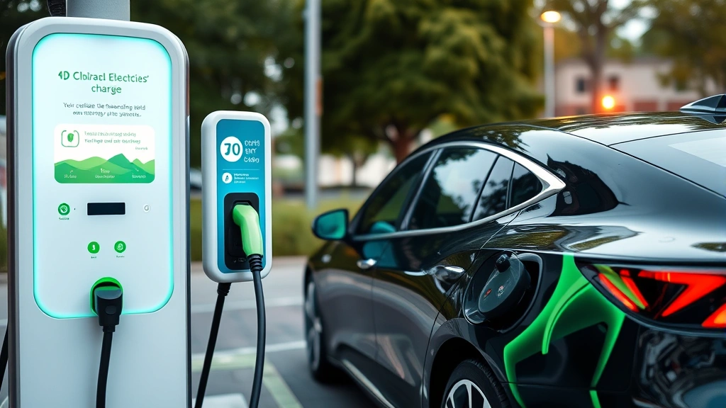 Modern electric vehicle charging at public charging station with digital display showing charge status and environmental benefits messaging