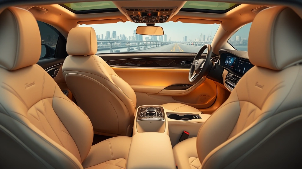 Luxury sedan interior showcasing premium leather seats in cream tone, ambient LED lighting throughout cabin, modern steering wheel, advanced digital dashboard display, minimalist design aesthetic with soft textures