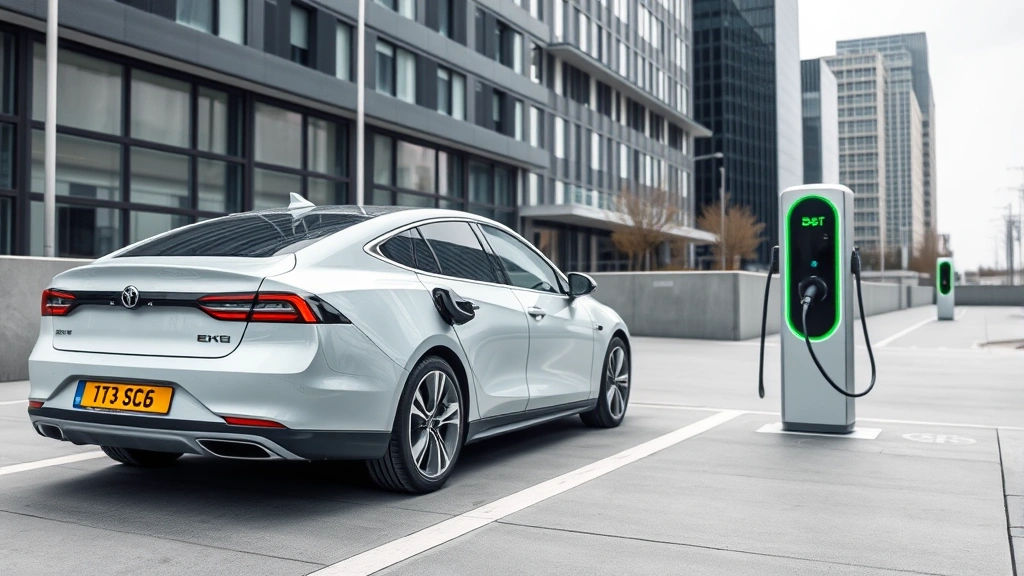 Electric sedan charging at modern charging station, minimalist design, contemporary urban setting with buildings in background, clean and professional composition