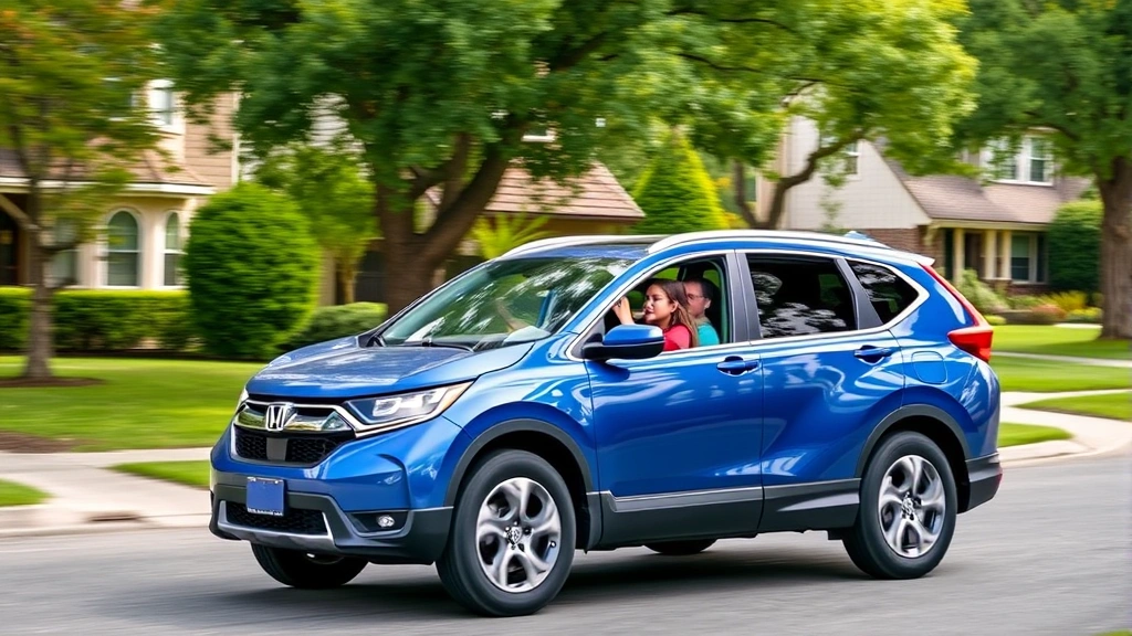 Family commuting in blue Honda CR-V hybrid SUV through suburban neighborhood with trees, demonstrating practical daily use of hybrid vehicle