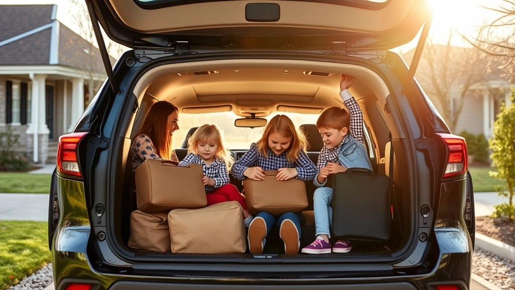 Family of five loading luggage into 2024 Toyota Highlander Hybrid SUV in suburban driveway, spring weather, warm natural lighting