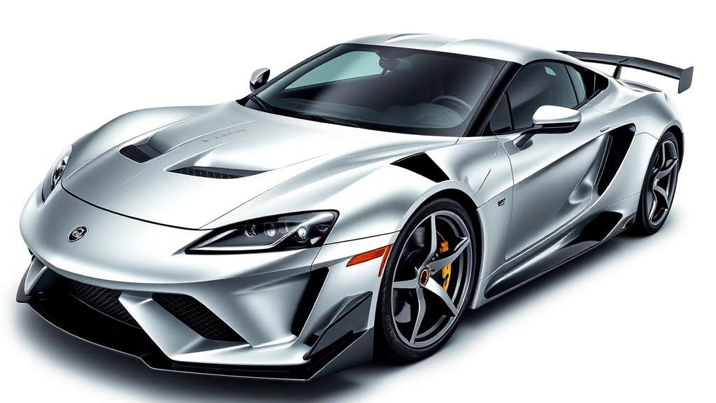 High-performance sports car three-quarter view dynamic angle glossy paint metallic silver turbocharged engine detail