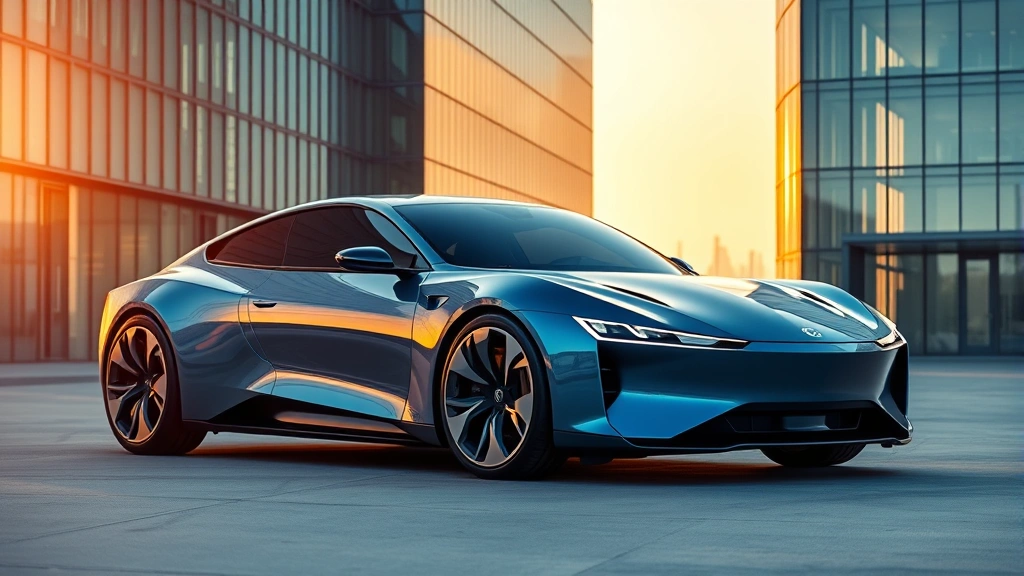 Futuristic Lucid Air luxury sedan in metallic blue color parked in contemporary architectural setting with glass buildings, premium automotive photography, golden hour lighting
