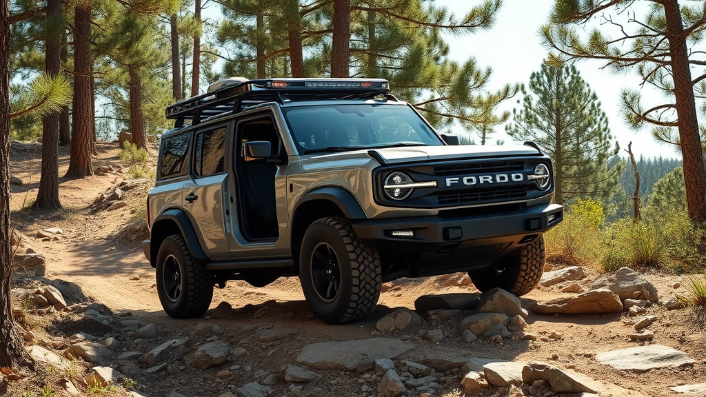 Ford Bronco adventure SUV on rocky trail with trees, removable doors and roof panels visible, rugged terrain, natural sunlight, action-oriented composition