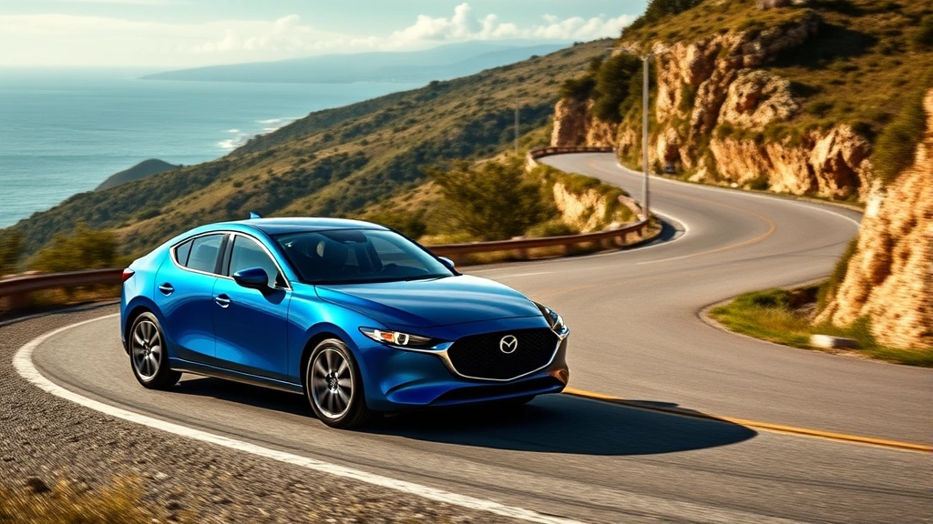 Dynamic action shot of 2024 Mazda3 driving on coastal mountain road with sharp curves, demonstrating handling and agility with vibrant blue paintwork against scenic landscape