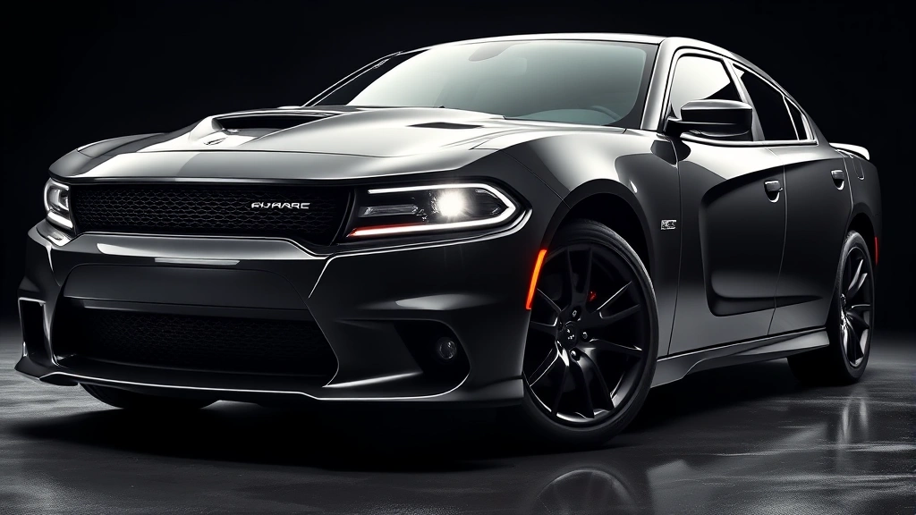 Dodge Charger supercharged muscle sedan in aggressive stance, front-quarter view highlighting wide body and muscular proportions, dramatic lighting emphasizing performance character, polished finish reflection