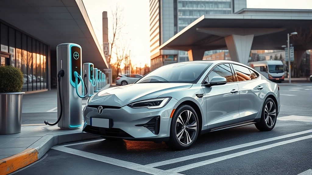 Electric sedan charging at public charging station with modern architecture, sleek design emphasized, urban setting with contemporary infrastructure