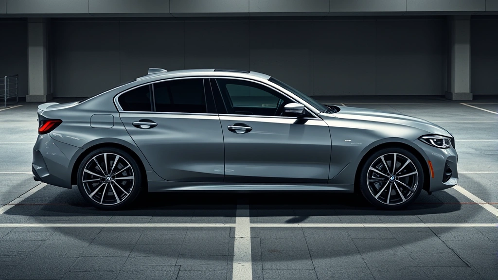 2024 BMW 3 Series luxury sedan detailed side profile, sleek design, premium parking lot setting, studio-quality lighting, no badges or text visible