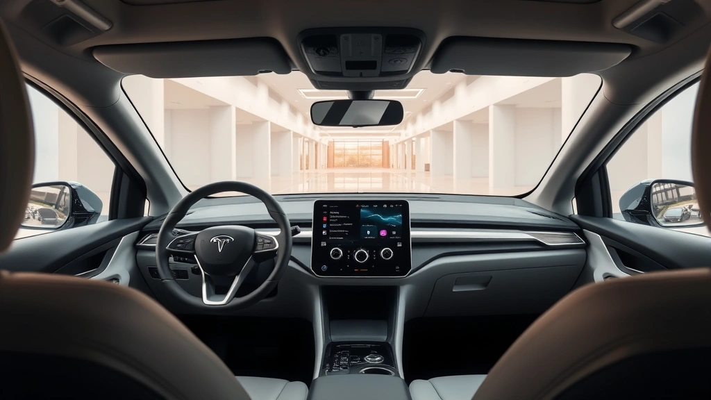 Modern electric family vehicle's interior dashboard and steering wheel with minimalist design, showing advanced infotainment touchscreen display, comfortable seating, and spacious cabin architecture, clean contemporary aesthetic