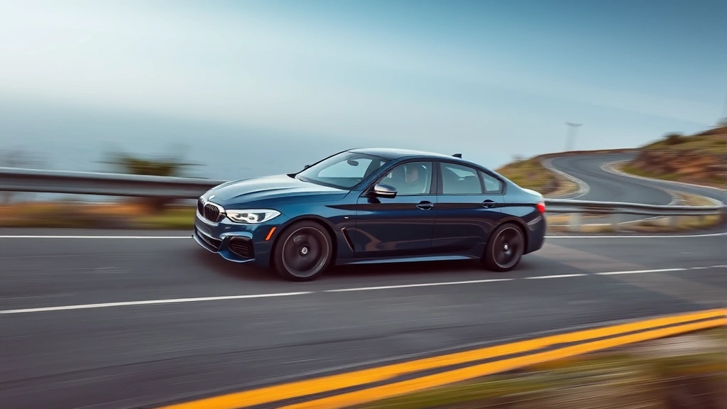 Performance sedan acceleration, dynamic driving action shot, sedan on winding road, motion photography, automotive performance demonstration