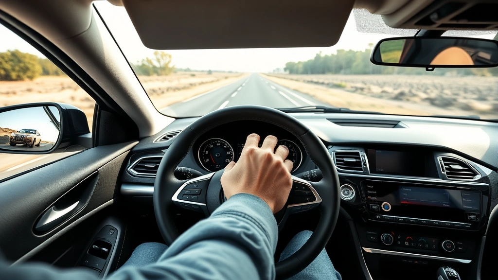 Close-up of driver's hands on steering wheel during test drive, open road ahead, natural road conditions, demonstrating vehicle handling assessment, professional automotive photography style