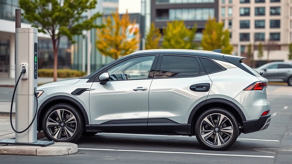 Modern electric SUV parked at public charging station with charging cable connected, demonstrating EV infrastructure with contemporary urban setting in background