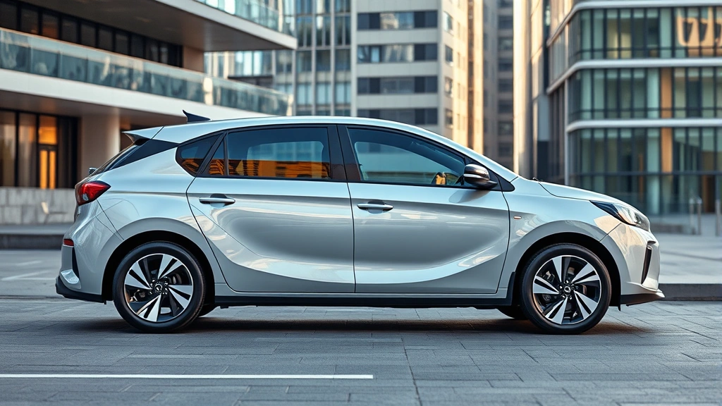 Compact hybrid sedan parked in modern urban setting with contemporary architecture background, showcasing aerodynamic design and efficient proportions