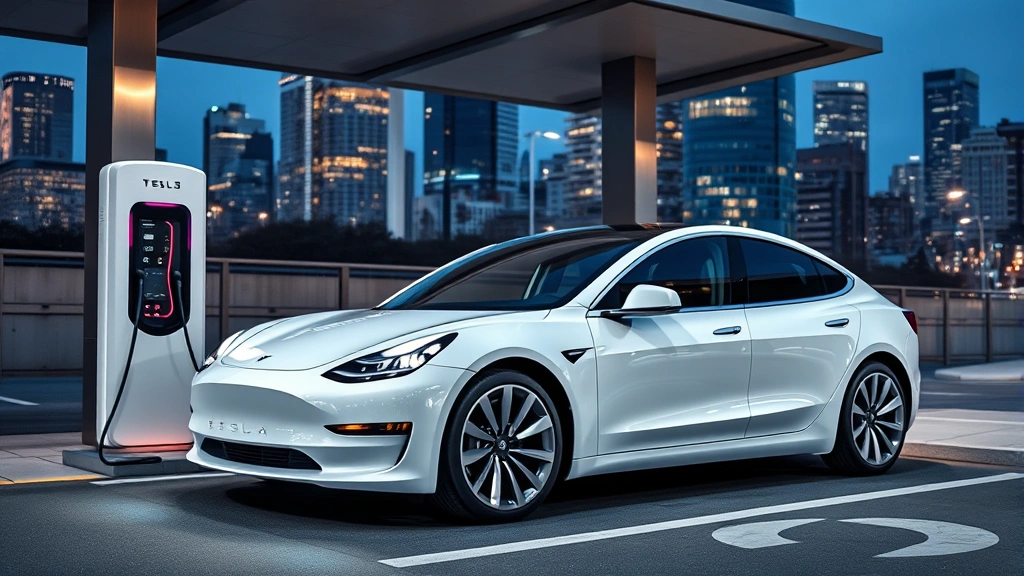 White Tesla Model 3 electric sedan charging at modern public charging station with urban cityscape background, future-focused automotive technology scene